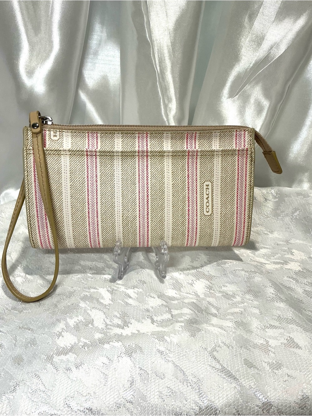 Coach Legacy Beige and Pink Striped Wristlet/Wallet 49316